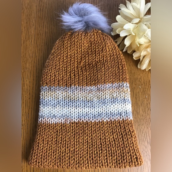 Fall Knitted Beanie w/ Pom Pom and Tag, Adult Size, Rust, Beige, Cream, Grey - Picture 5 of 10